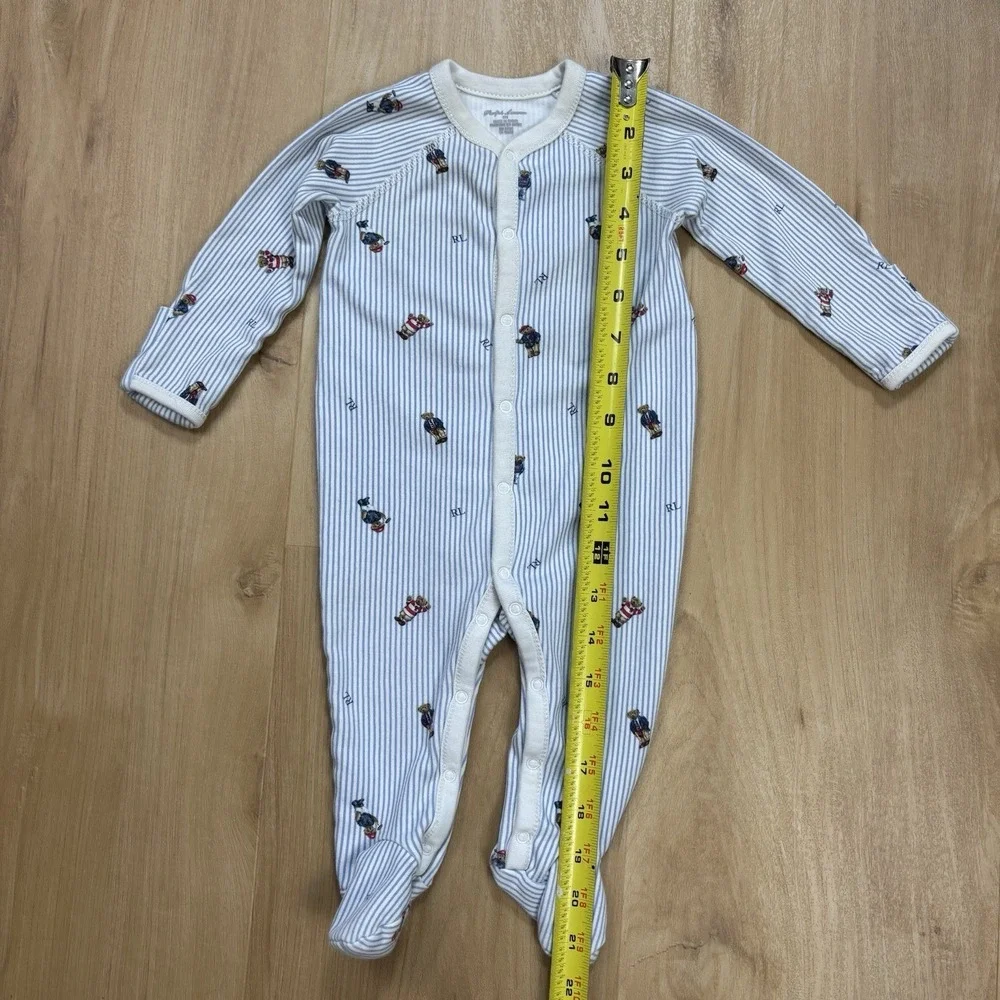 Ralph Lauren Baby Sleeper Blue Stripe Polo Bear Footed Pajamas Cotton 6M